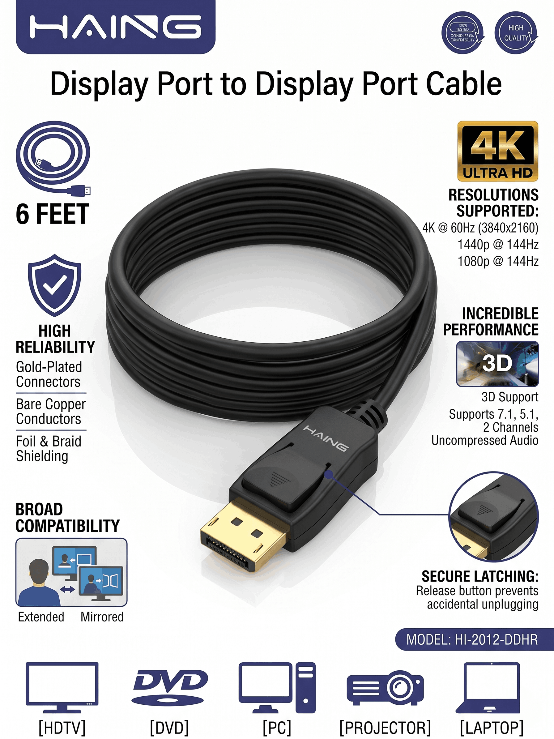 HAING HI-2012-DDHR DISPLAY PORT TO DISPLAY PORT CABLE 1.8M