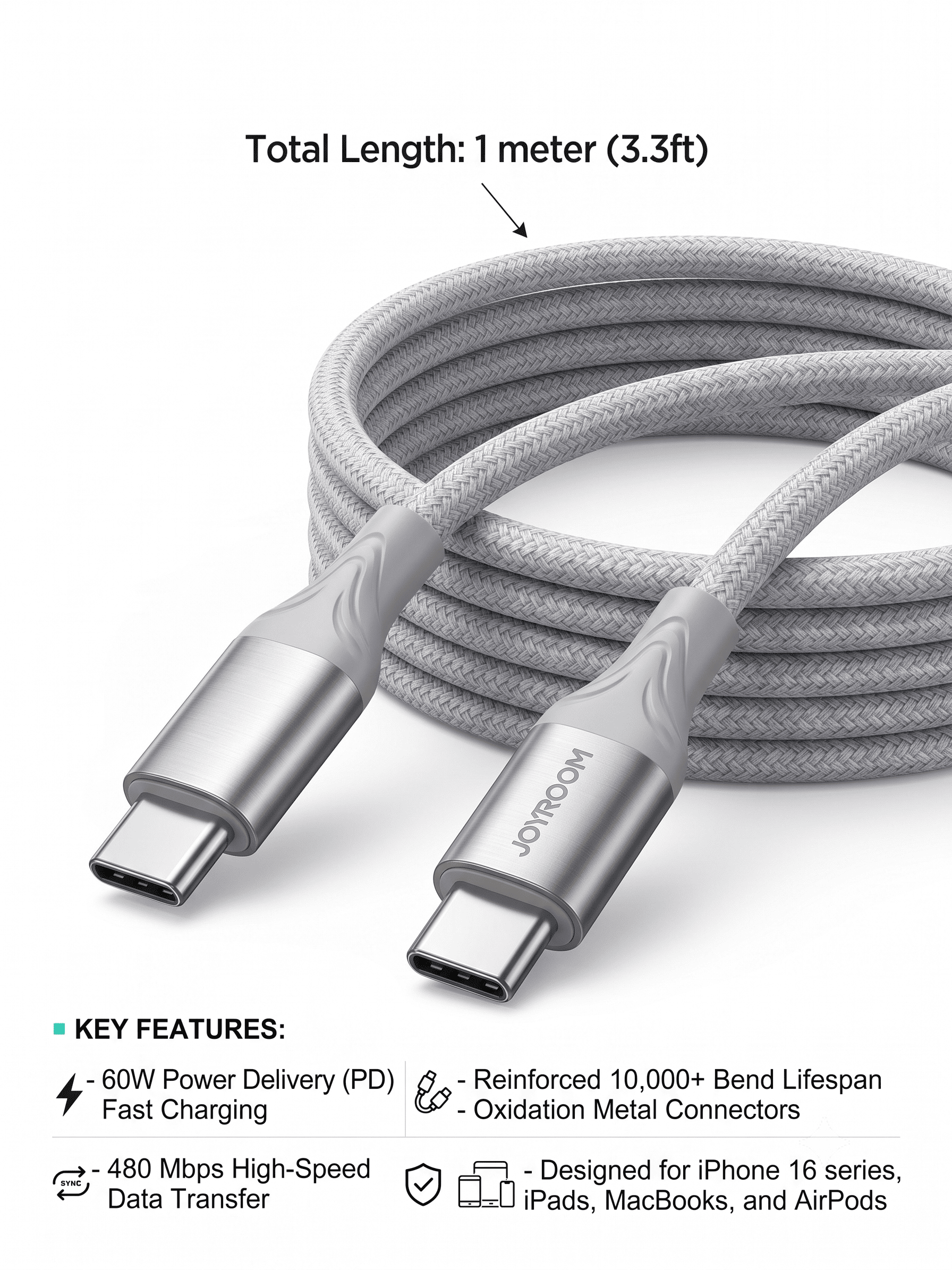 JOYROOM USB-C Braided Fast Charging Data Cable 60W