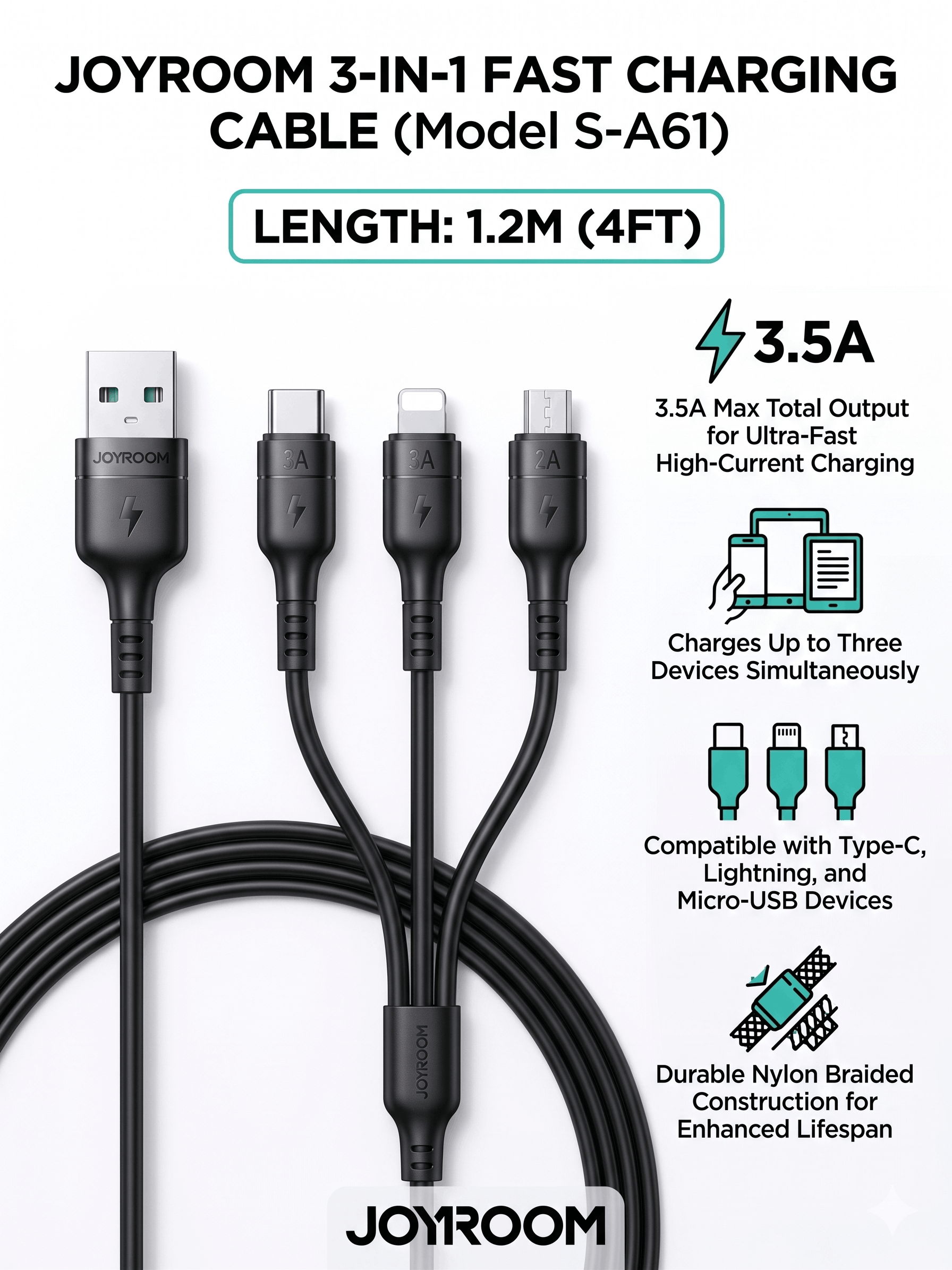 JOYROOM 3-in-1 Charging Cable USB-A to type-c+Lightning+micro (S-A61)