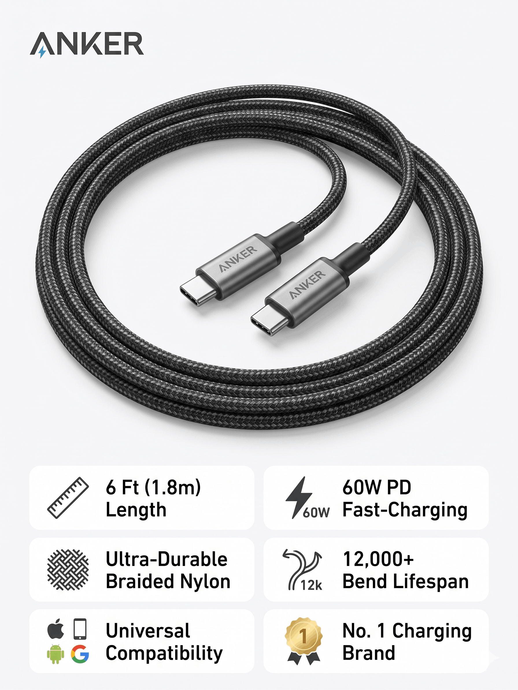 ANKER DURABLE BRAIDED FAST-CHARGING CABLE USB-C TO USB-C (60W,1.8M)