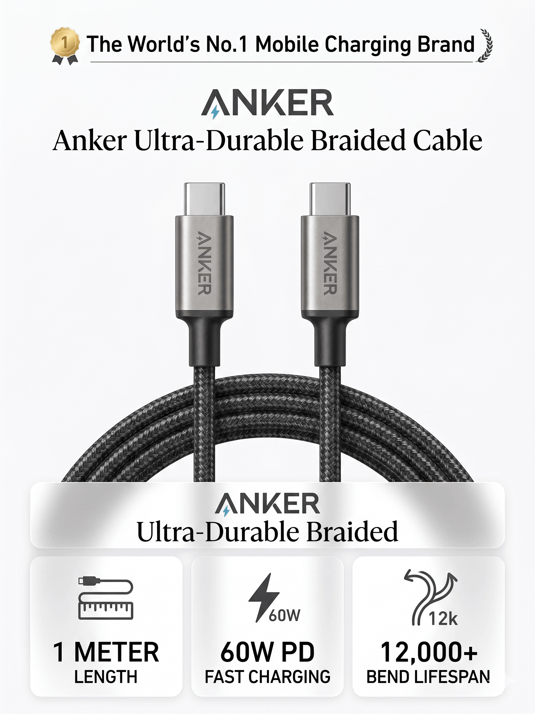 ANKER DURABLE BRAIDED FAST-CHARGING CABLE USB-C TO USB-C (60W,1M)