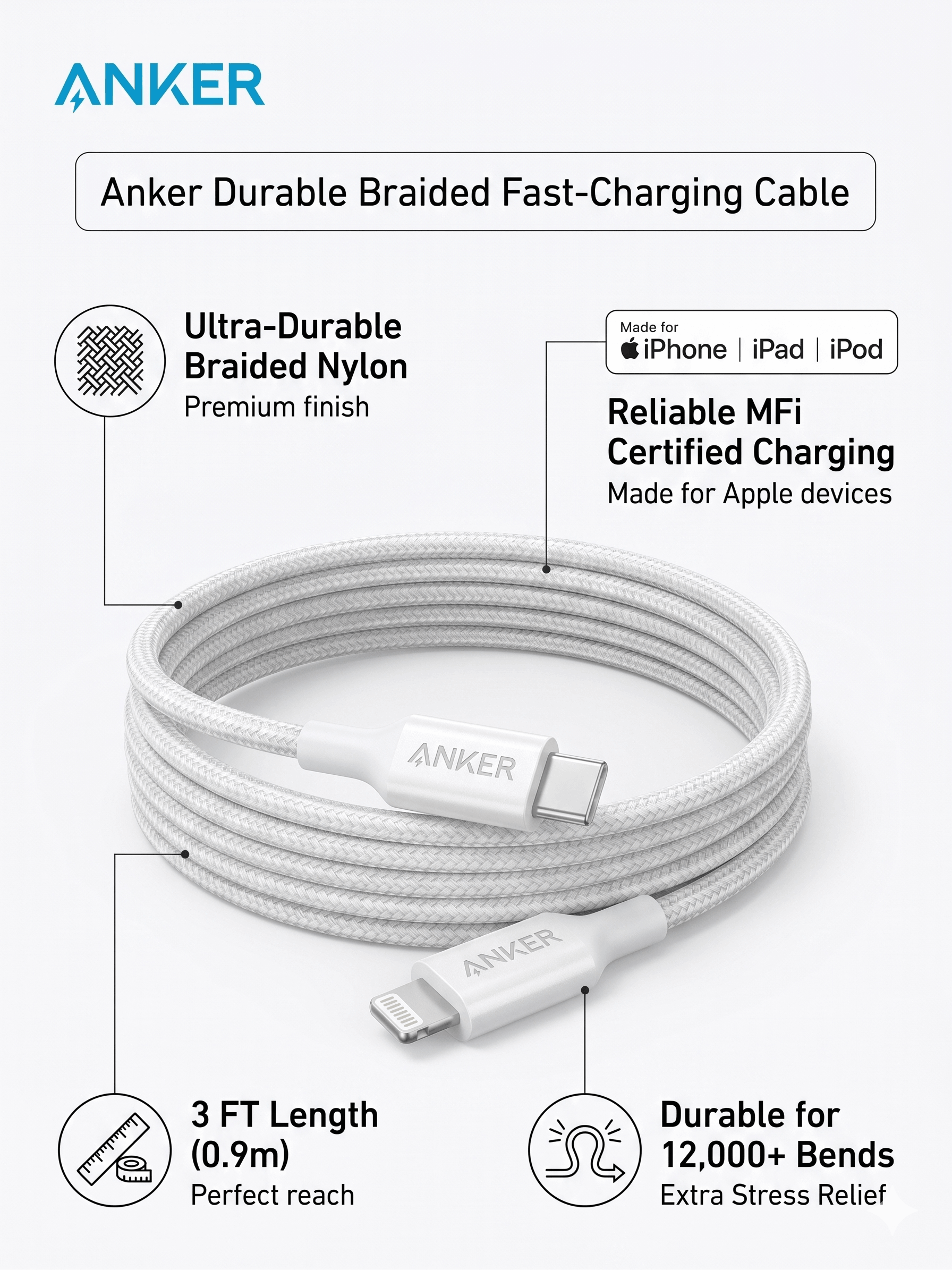 ANKER DURABLE BRAIDED FAST-CHARGING CABLE USB-C TO LIGHTNING (0.9M)