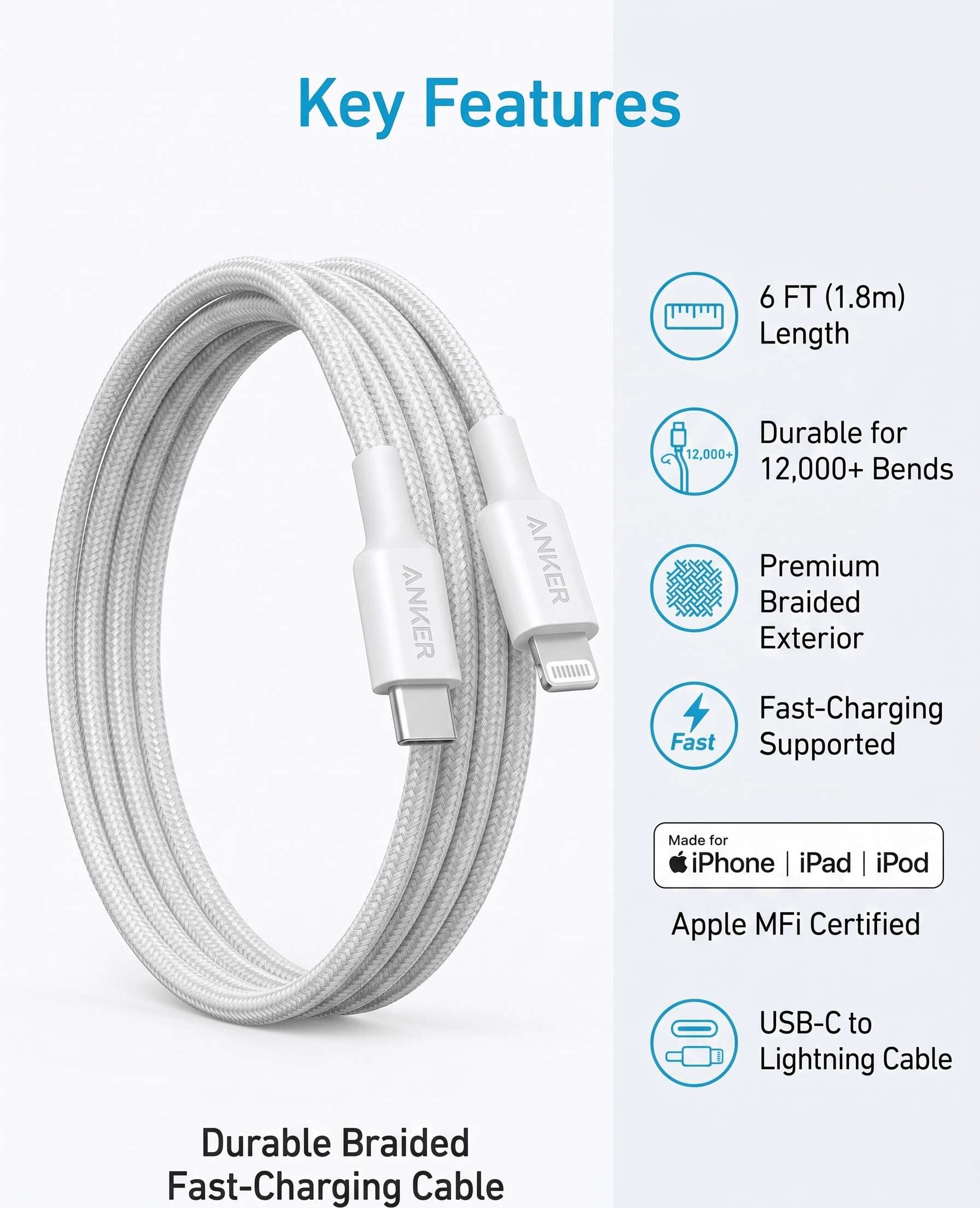ANKER DURABLE BRAIDED FAST-CHARGING CABLE USB-C TO LIGHTNING (1.8M)