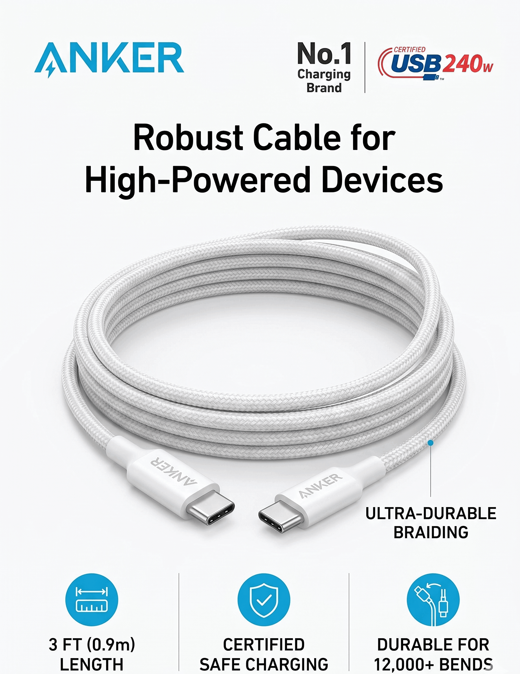 ANKER ROBUST CABLE FOR HIGH-POWERED DEVICES USB-C TO USB-C(0.9M,240W)