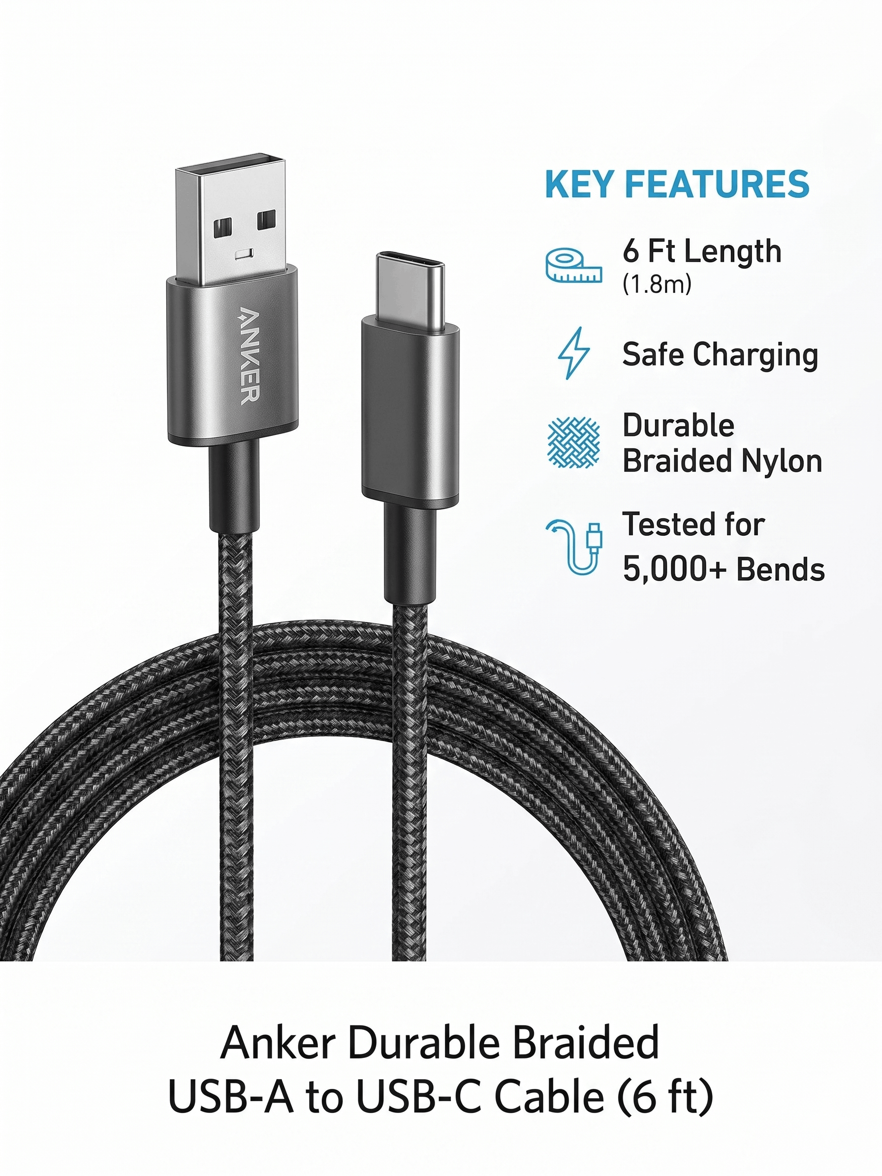 ANKER DURABLE BRAIDED CHARGING CABLE USB-A TO USB-C 1.8M (A8173H11)