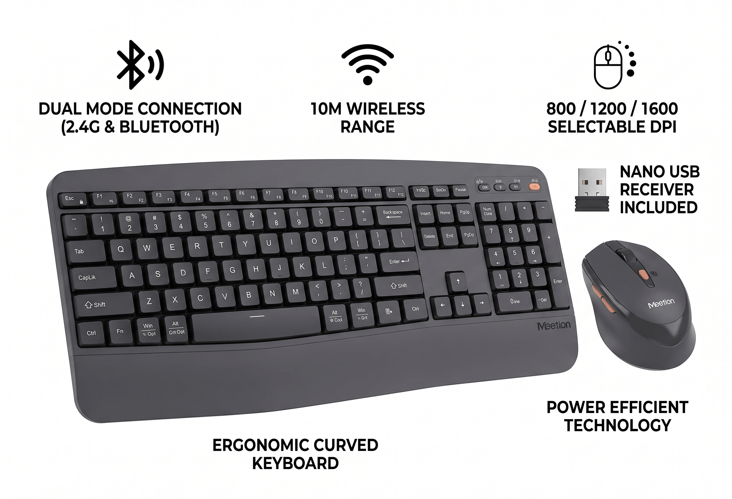 MEETION DIRECTOR A 2.4Ghz & BLUETOOTH DUAL ERGONOMIC KEYBOARD & MOUSE COMBO
