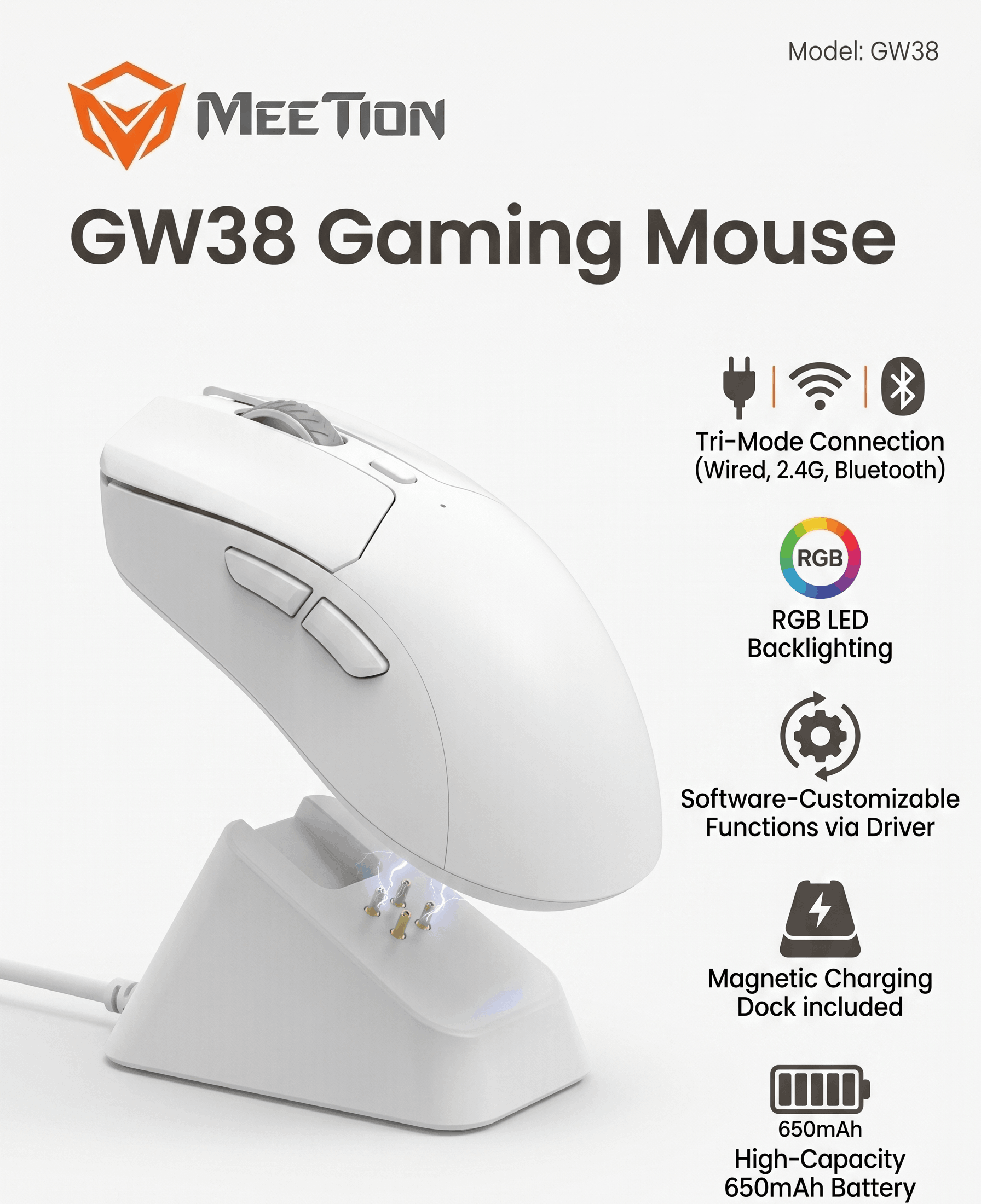 MEETION GW38 WIRELESS GAMING MOUSE WITH MAGNETIC CHARGING DOCK