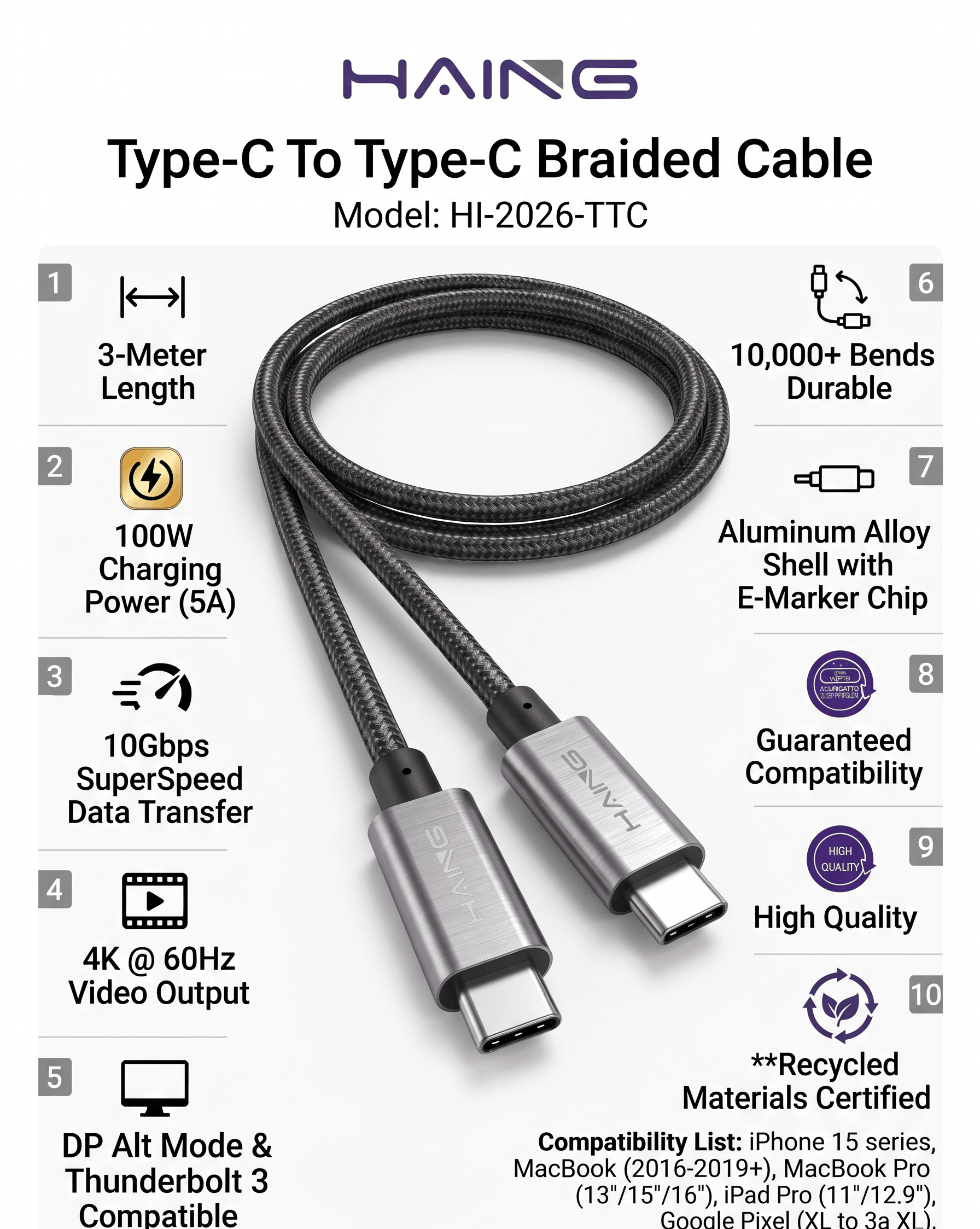HAING HI-2026-TTC TYPE-C TO TYPE-C BRAIDED CABLE 3M 100W