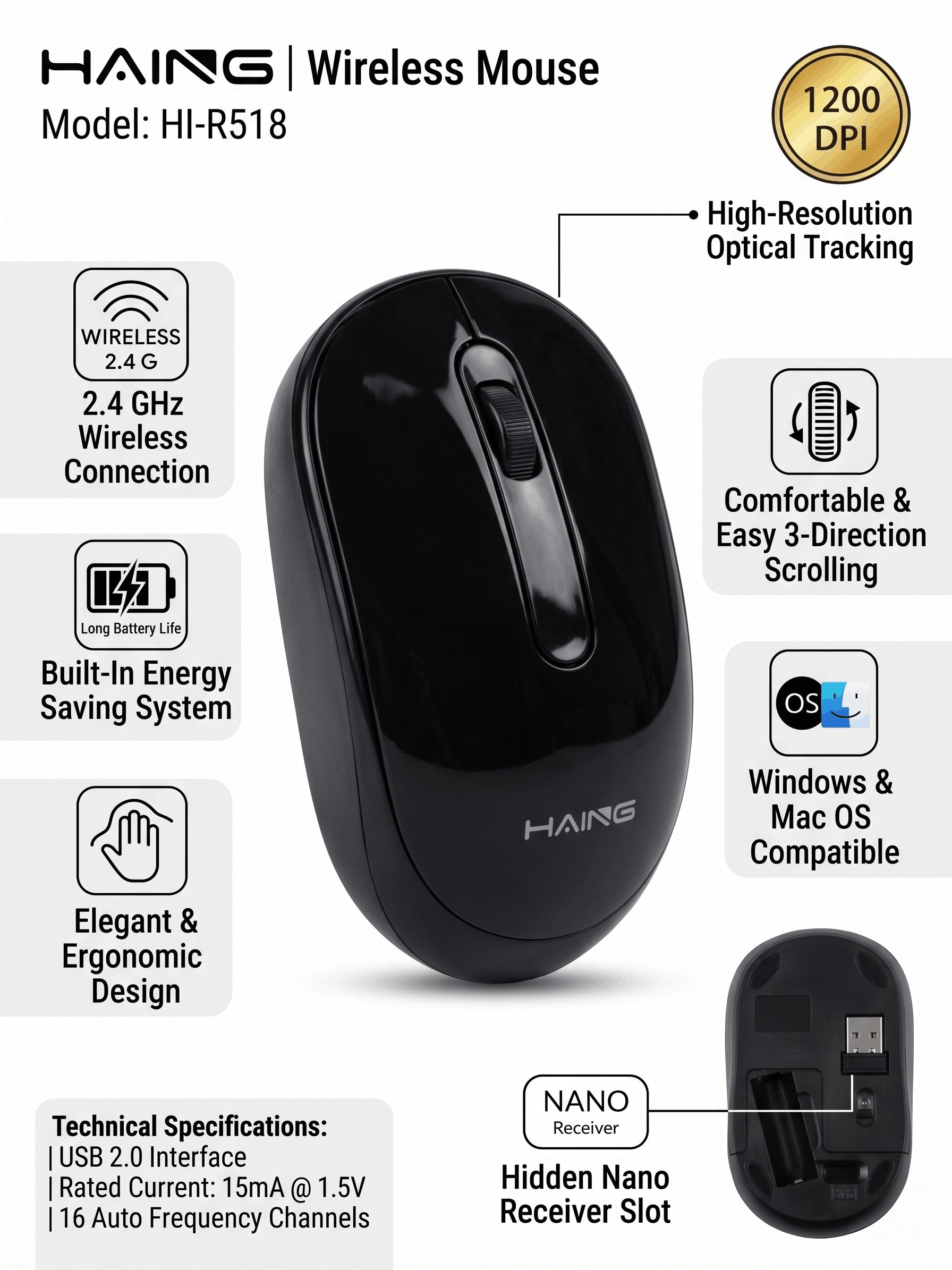 HAING HI-R518 2.4G WIRELESS OPTICAL MOUSE