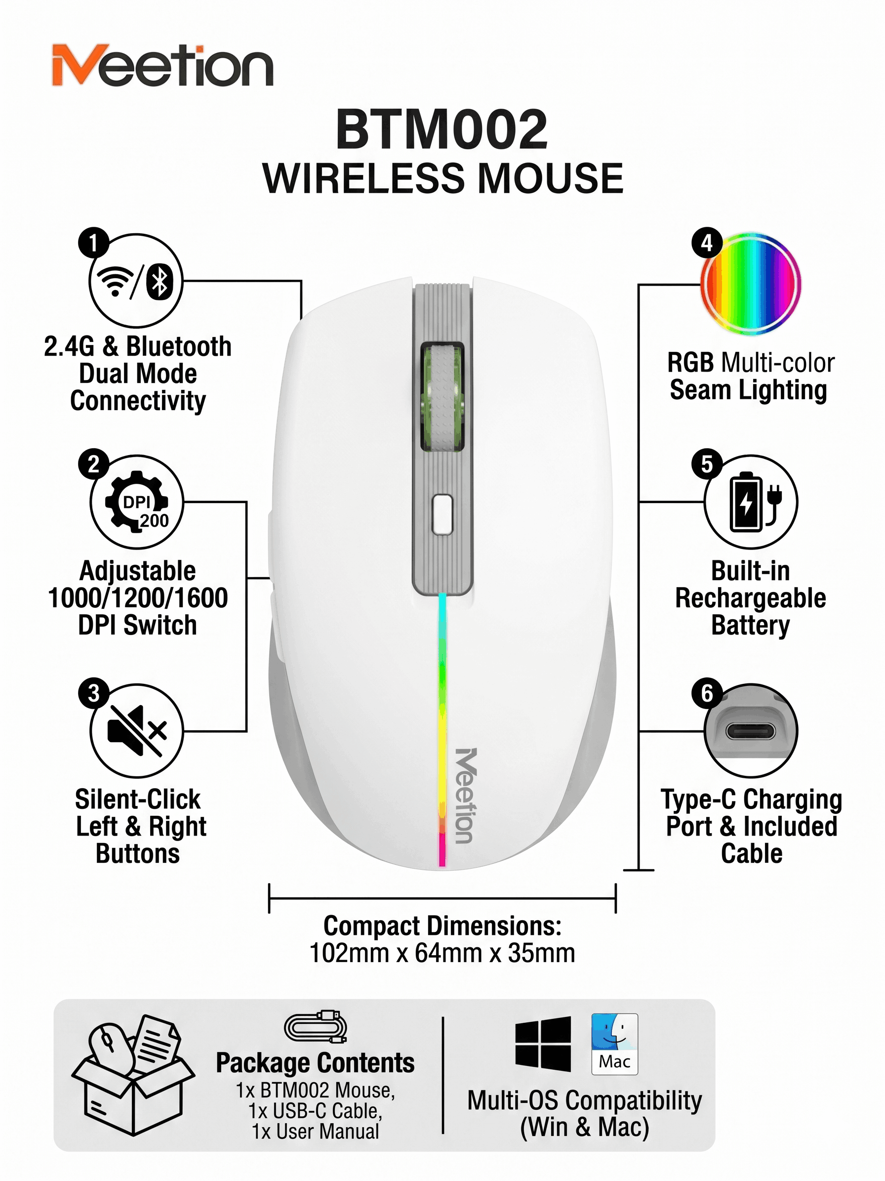 MEETION BTM002 2.4G WIRELESS & BLUETOOTH DUAL MODE MOUSE-WHITE