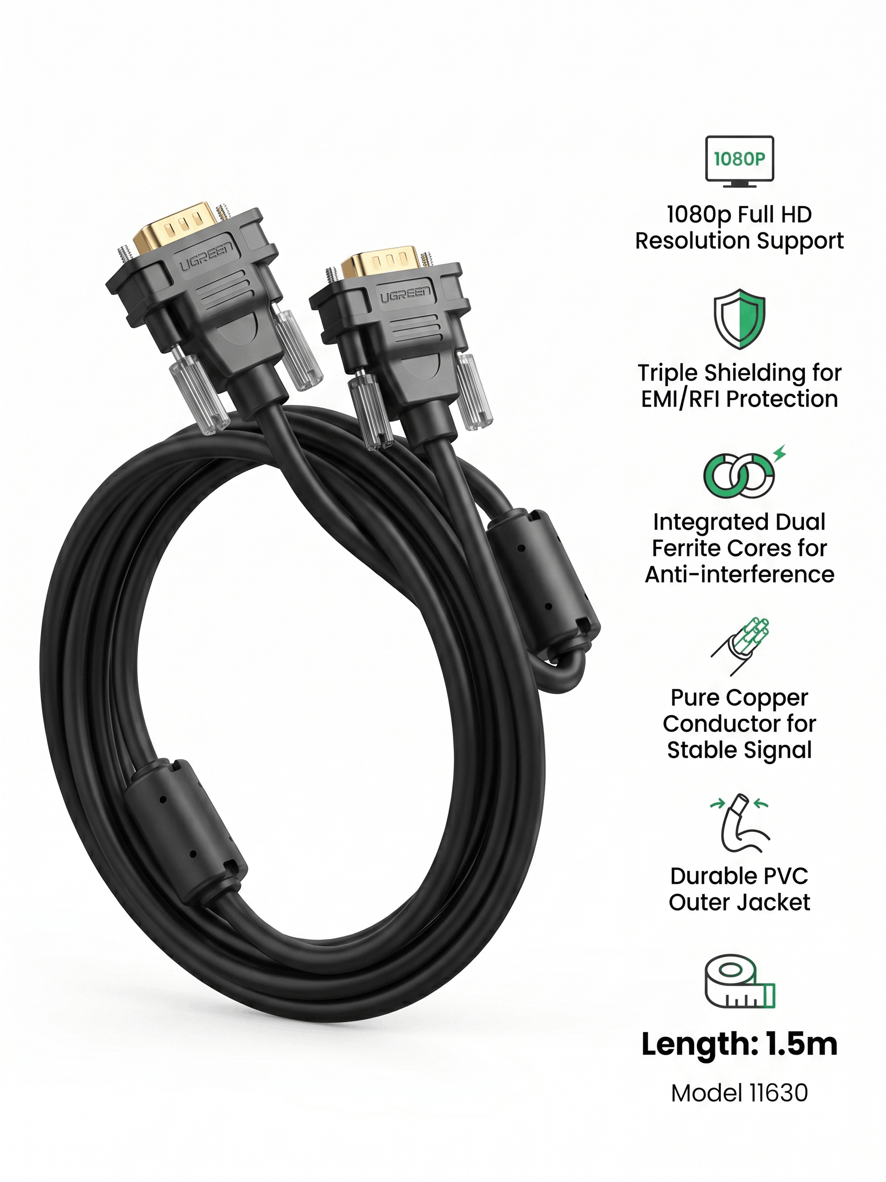 UGREEN VGA MALE TO MALE 3+6C CABLE 1.5M